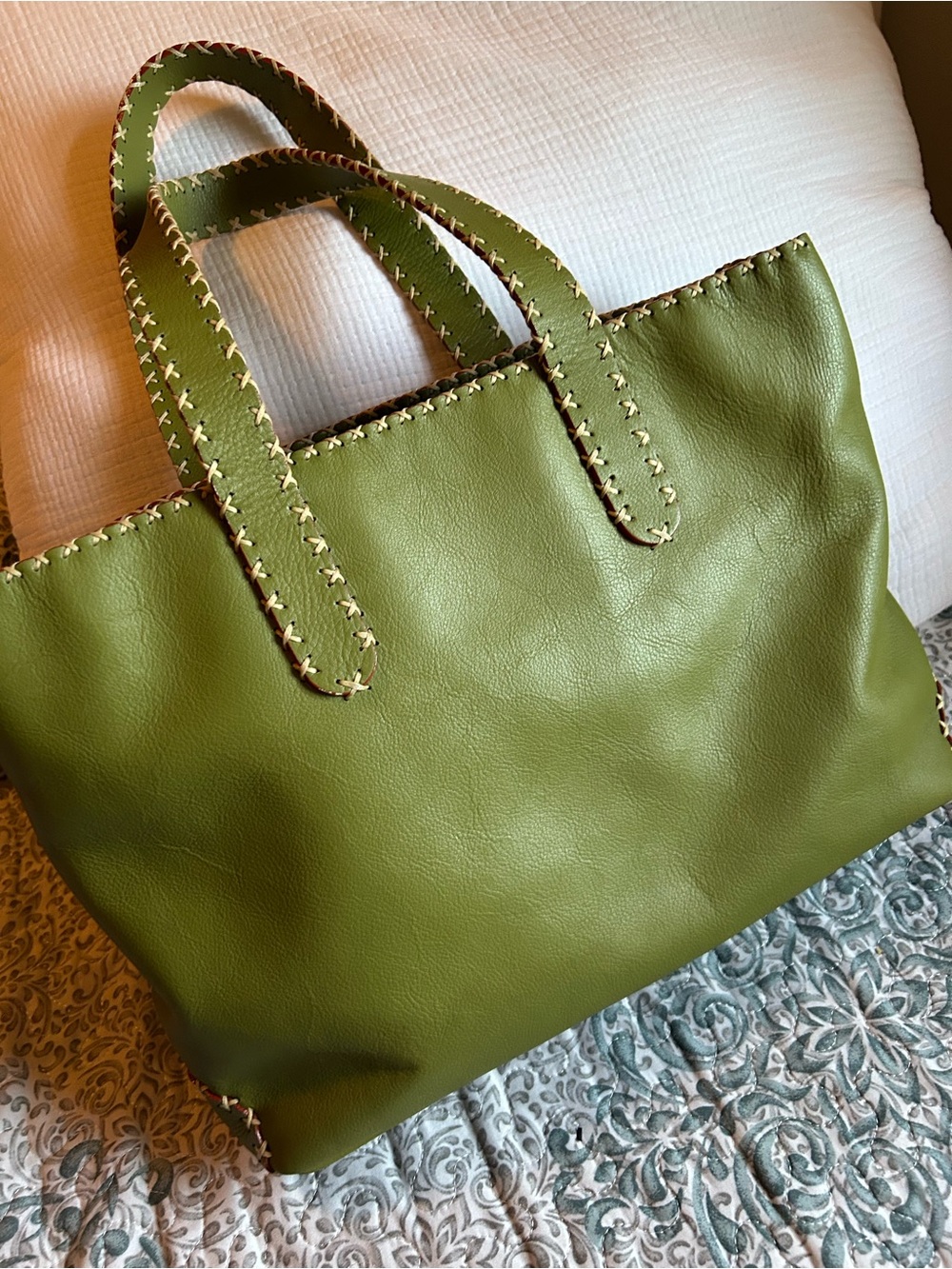 Olive Green Tote Bag with Contrast Whipstitch